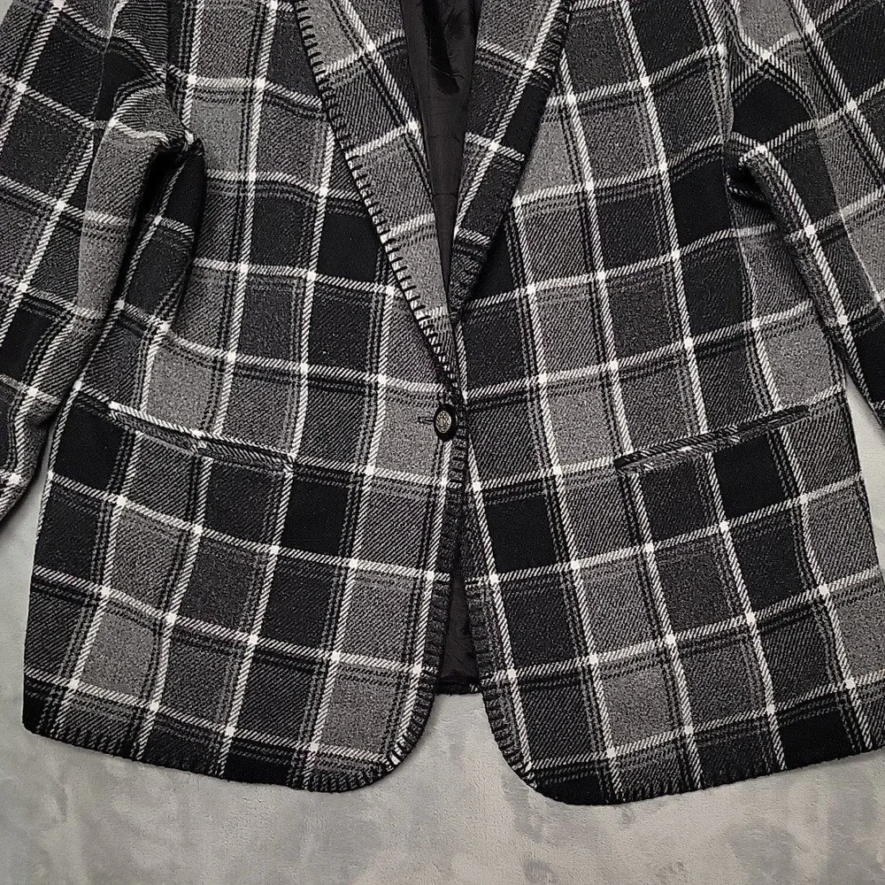 VTG Coldwater Creek Jacket Women Medium Petite Black Plaid Blazer Wool Blend USA